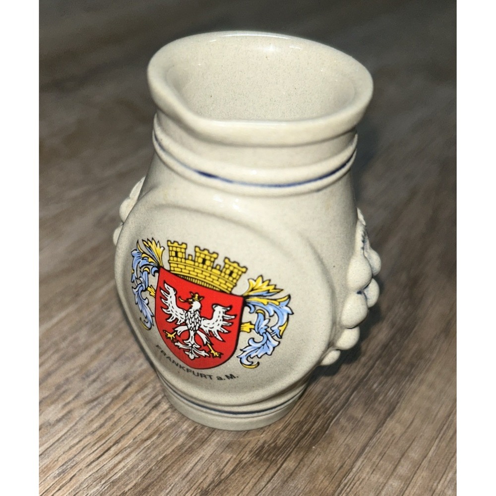 Vtg Handarbeit Frankfurt A.M.  German Coat of Arms Pottery Pitcher 3" #495‎